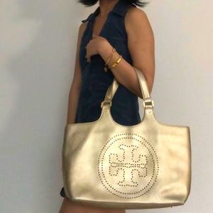 Gold metallic Tory Burch tote in saffiano leather